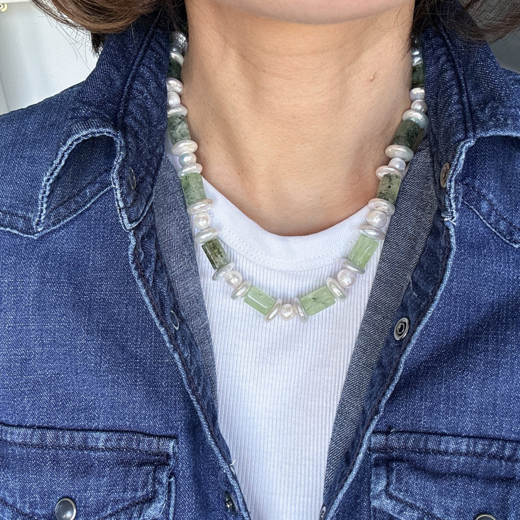 Model wearing Quiet Garden Natural Stone Freshwater Pearl Necklace
