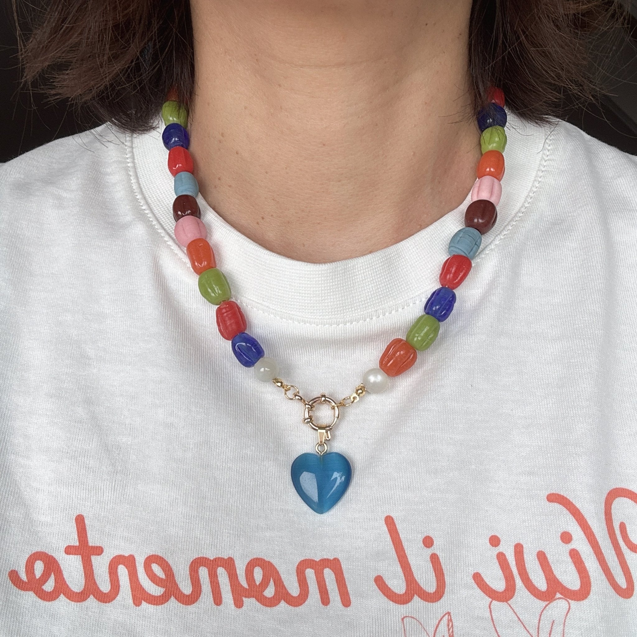 Model wearing Rainbow Candy Glass Bead Necklace