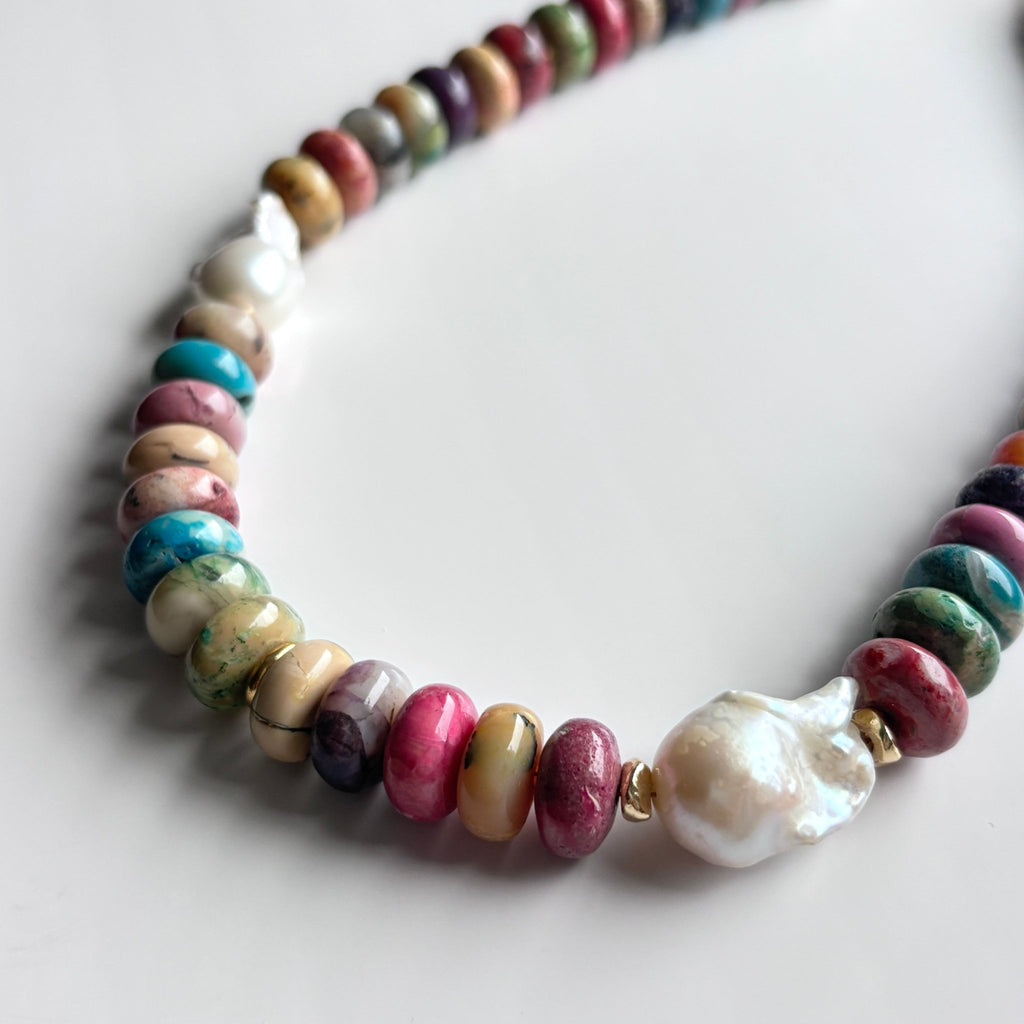Detail of Rainbow Echo Natural Stone & Baroque Pearl Necklace