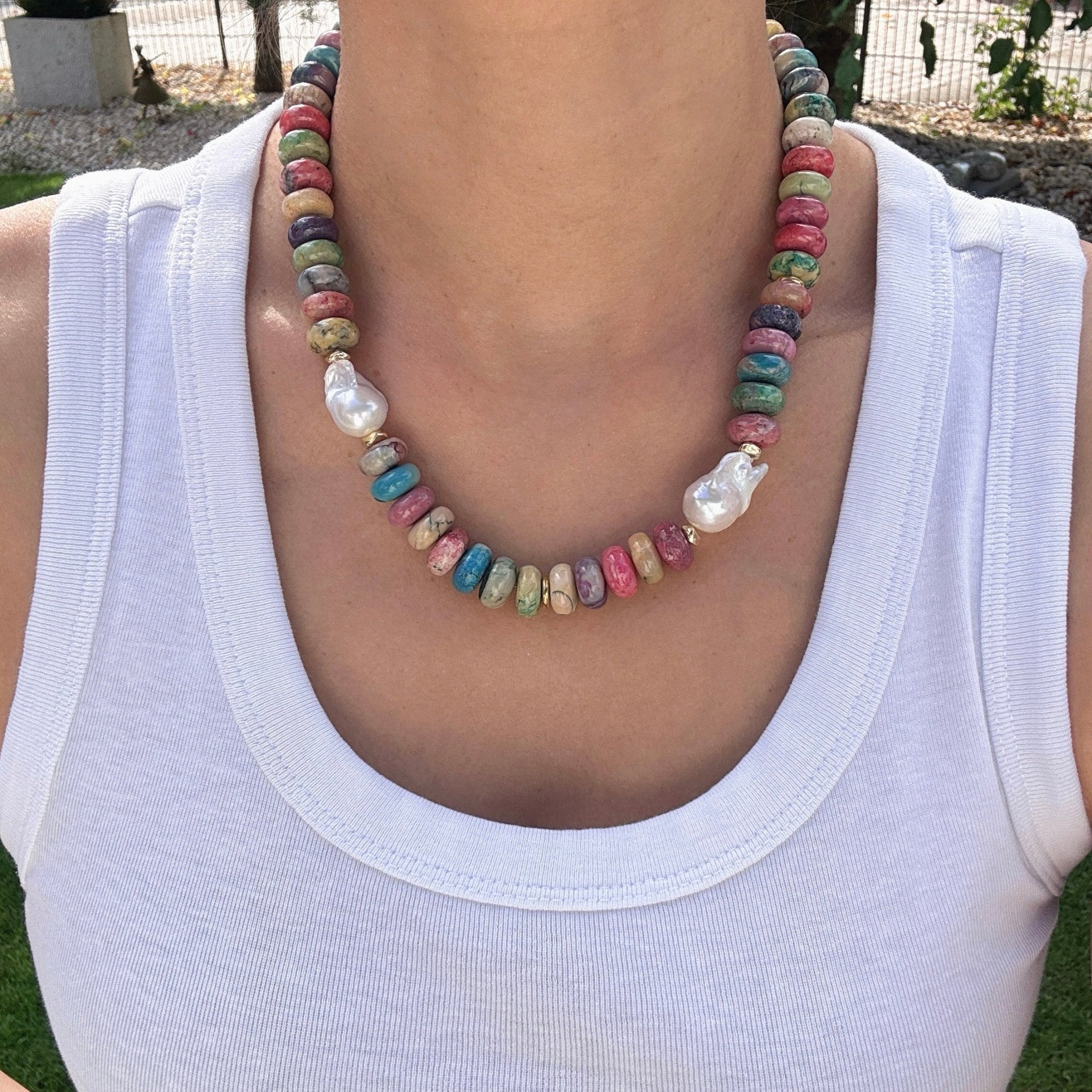 Model wearing Rainbow Echo Natural Stone & Baroque Pearl Necklace