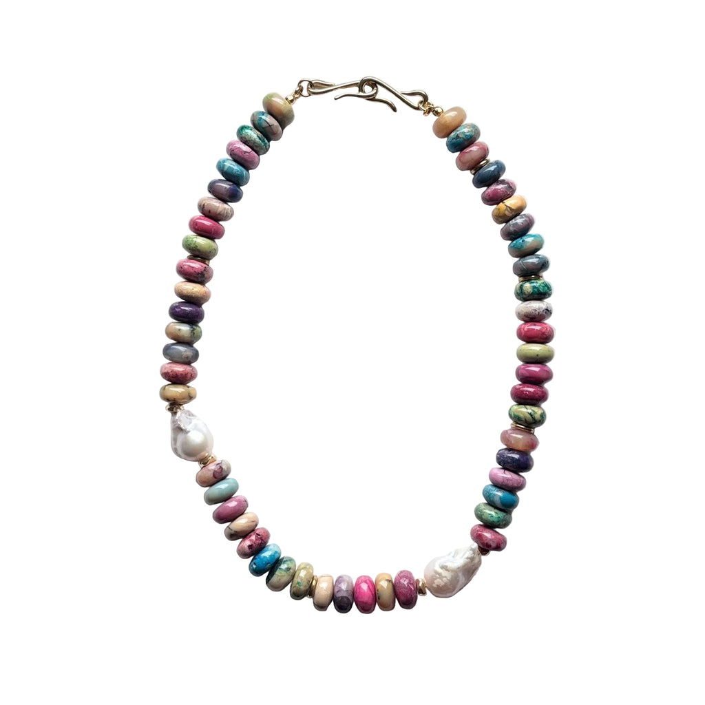 Rainbow Echo Natural Stone & Baroque Pearl Necklace