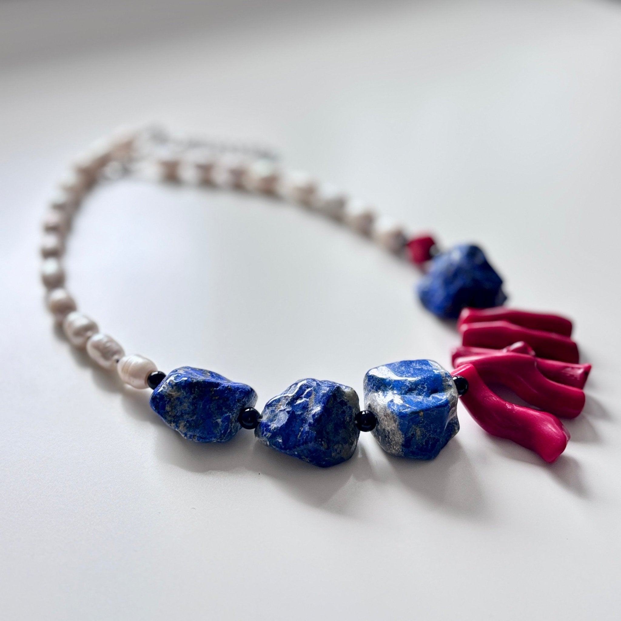 Royal Tide - Lapis Lazuli, Coral & Freshwater Pearl Necklace