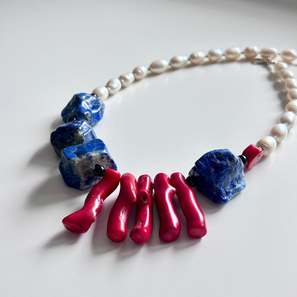 Detail of Royal Tide Lapis Lazuli, Coral & Freshwater Pearl Necklace