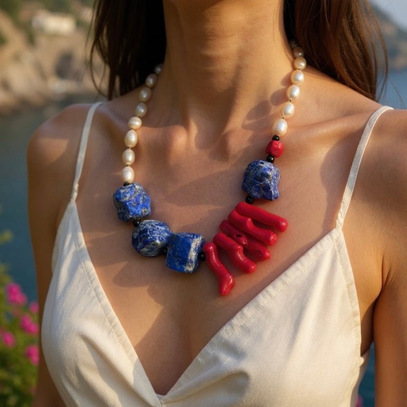 Model wearing Royal Tide Lapis Lazuli, Coral & Freshwater Pearl Necklace