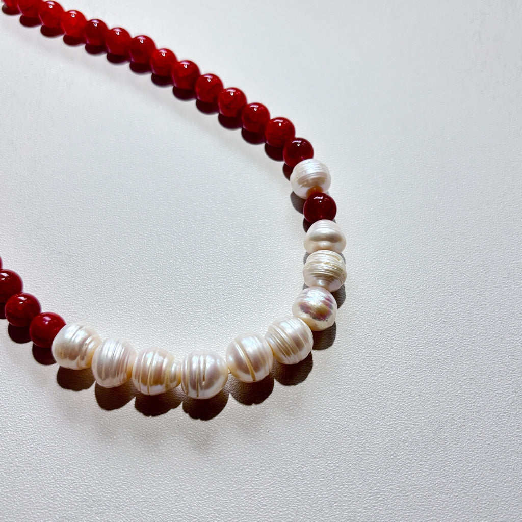 Detail of Ruby Current Red Agate & Freshwater Pearl Necklace