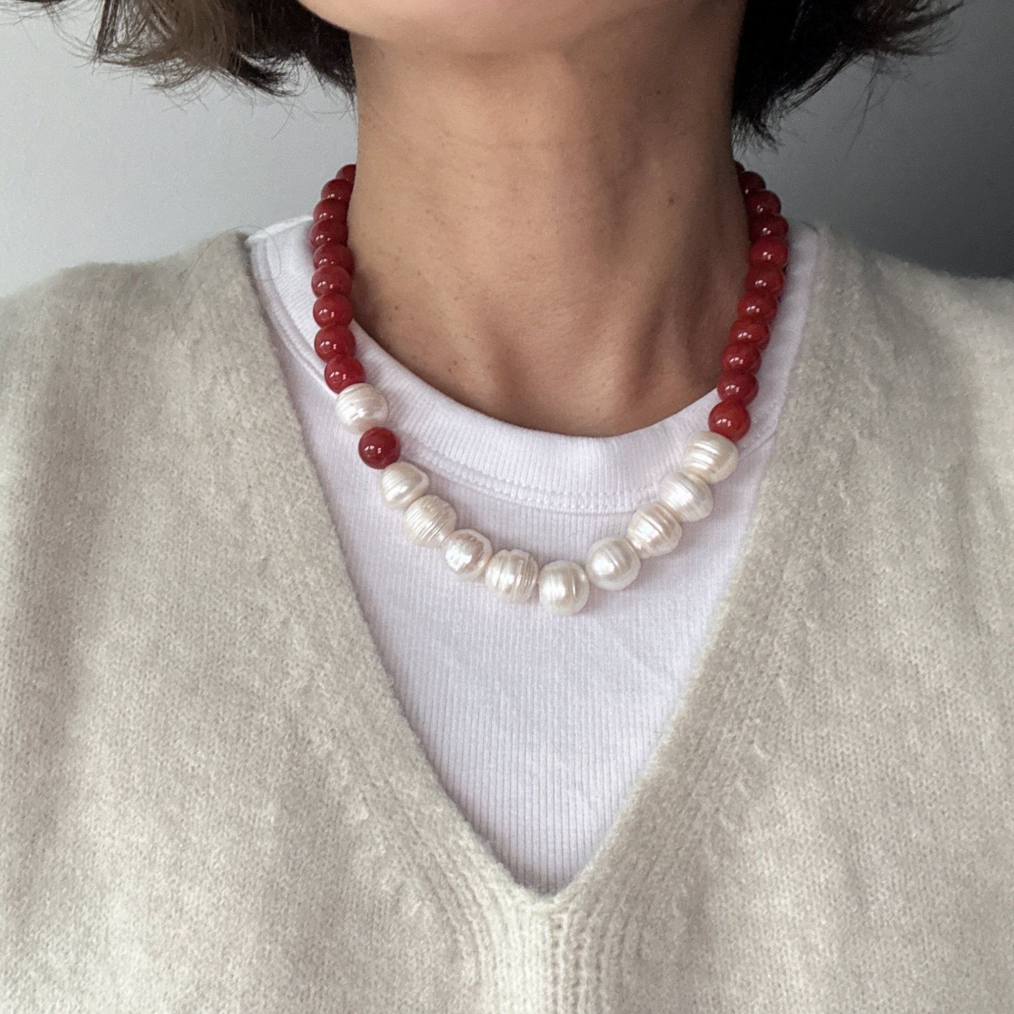 Model wearing Ruby Current Red Agate & Freshwater Pearl Necklace
