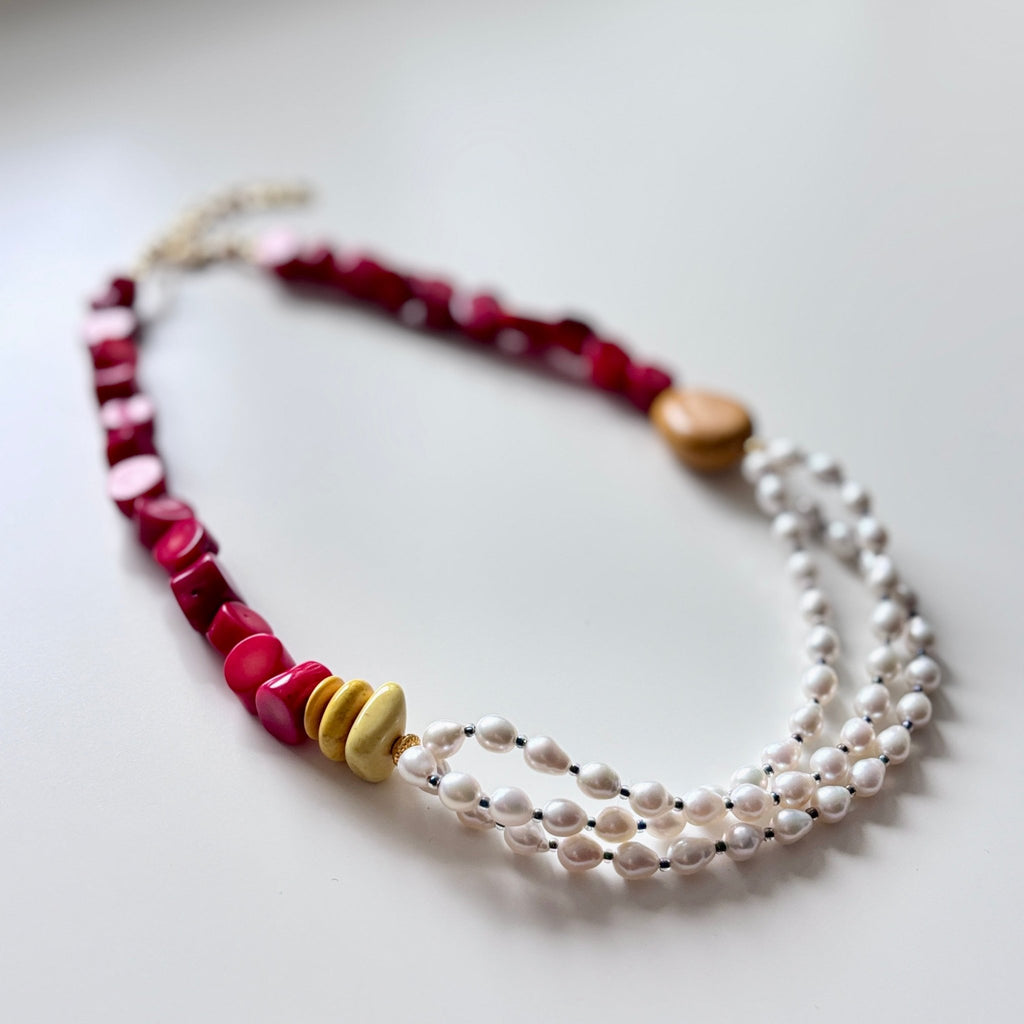Scarlet Bloom - Red Coral & Freshwater Pearl Necklace