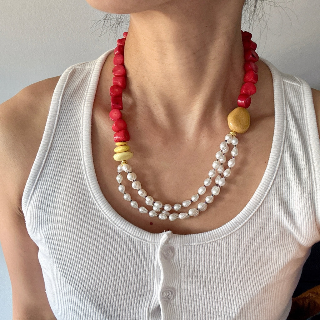 Model wearing Scarlet Bloom Red Coral & Freshwater Pearl Necklace