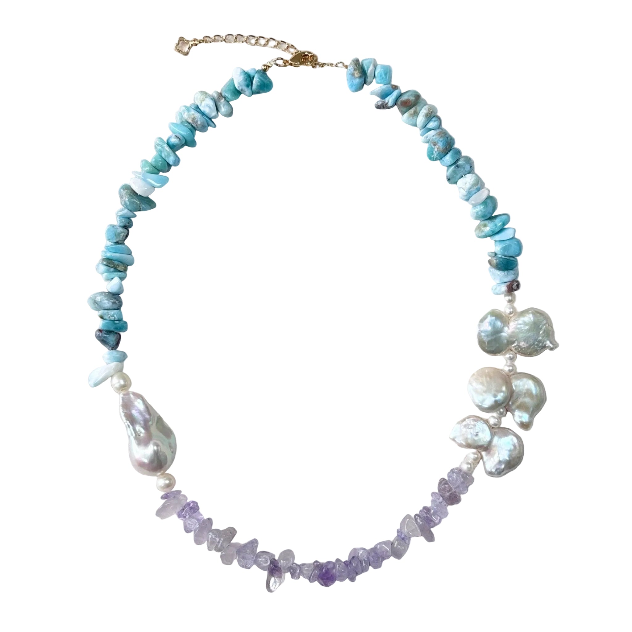 Sea flower – Larimar, Amethyst & Baroque Pearl Necklace