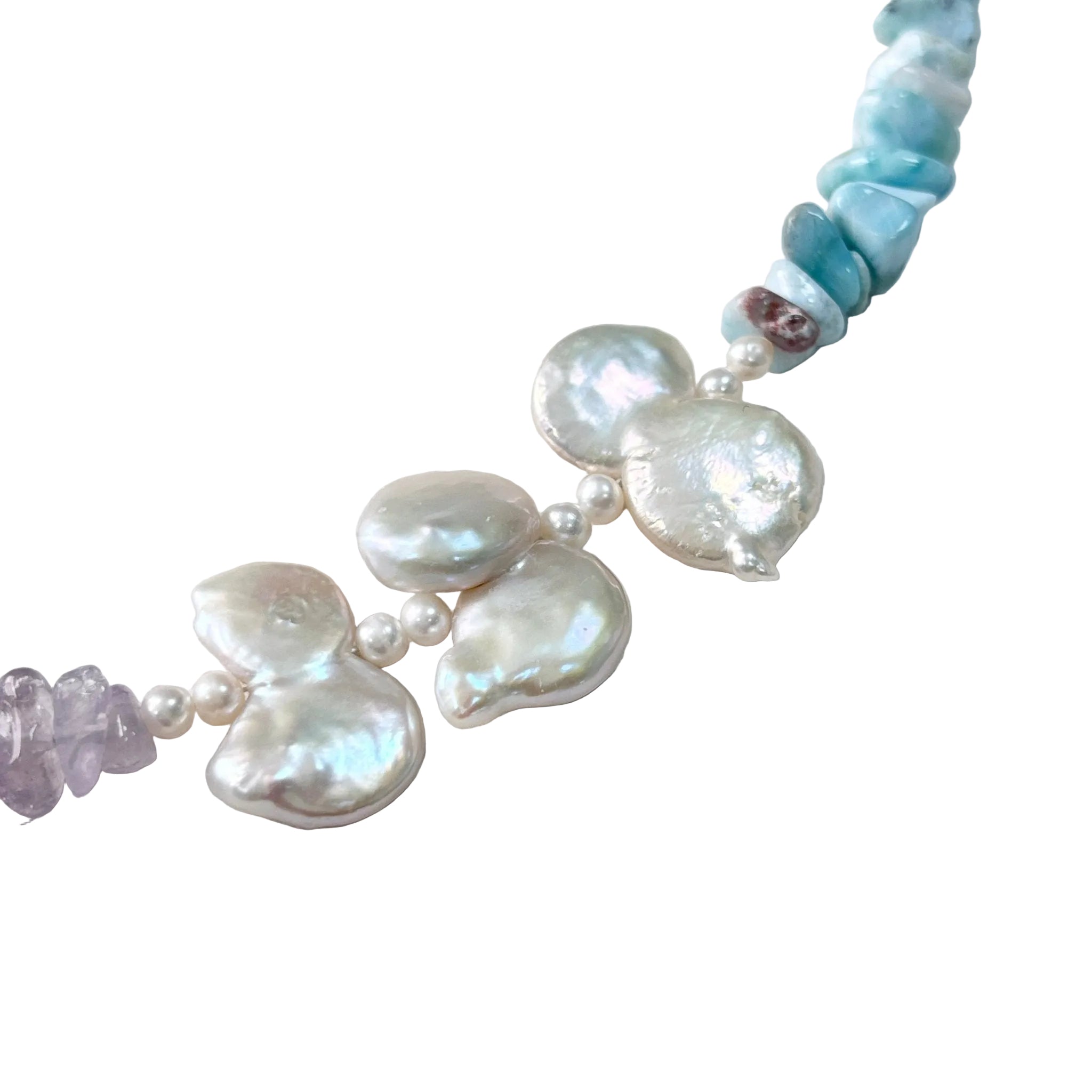 Detail of Sea Flower – Larimar, Amethyst & Baroque Pearl Necklace