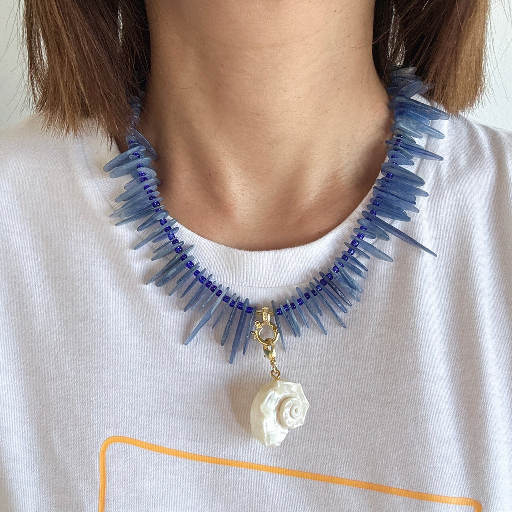 Model wearing Sea Whisper Kyanite Spike Necklace