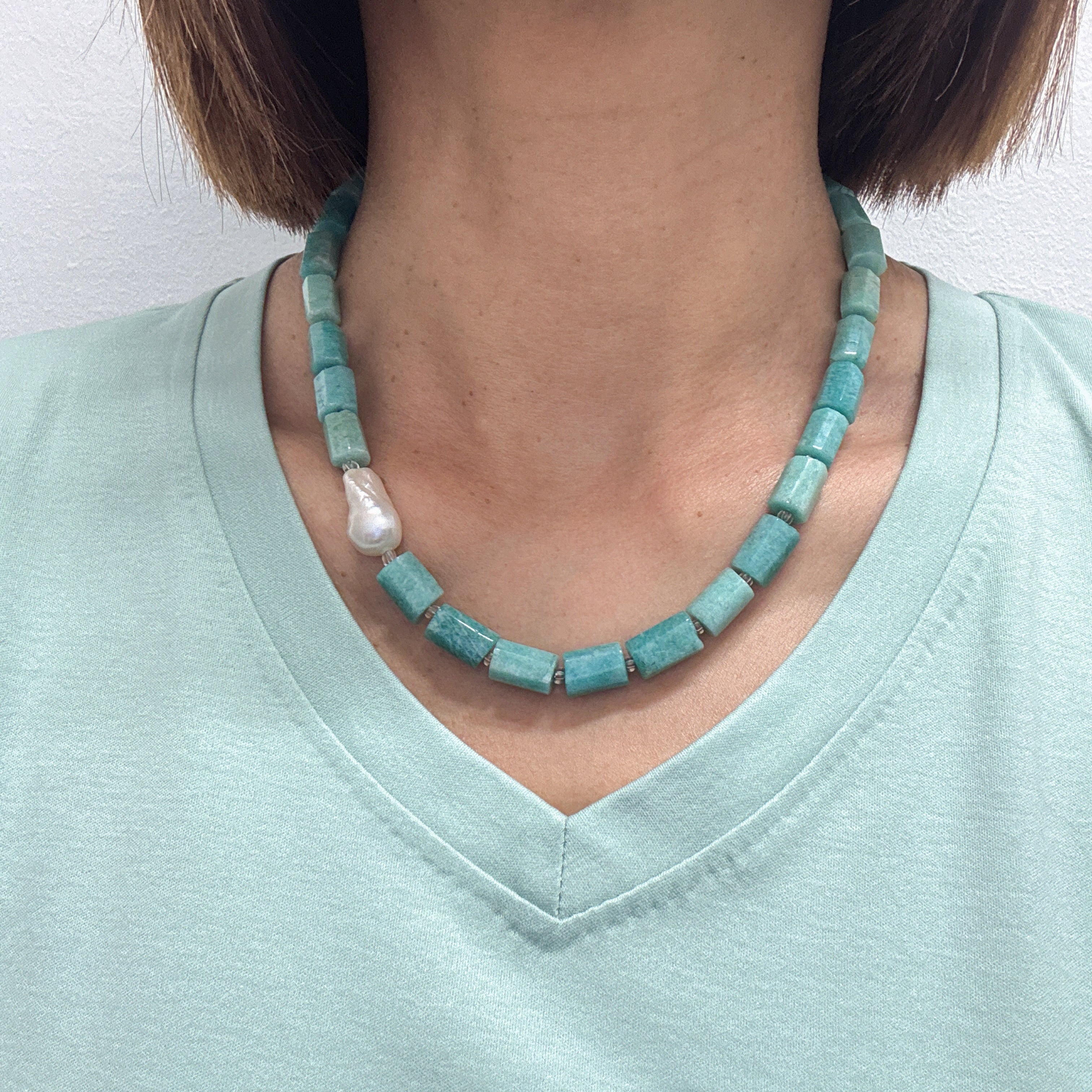 Model wearing Seafoam Pearl Necklace