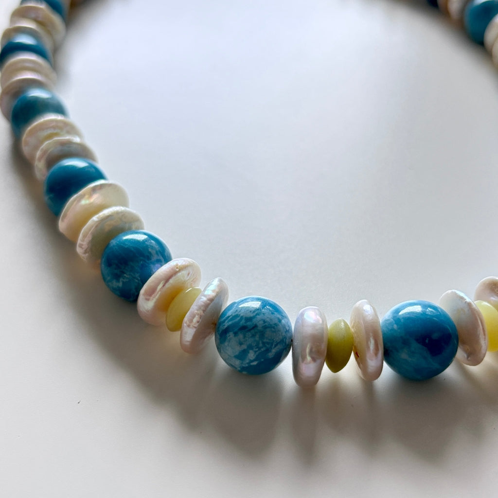 Detail of Sky Breeze Celestite, Lemon Jade & Pearl Necklace