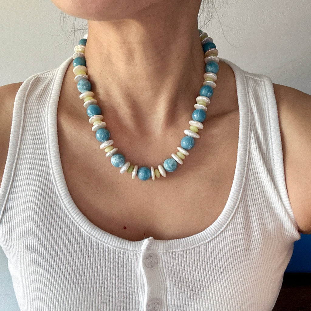 Model wearing Sky Breeze Celestite, Lemon Jade & Pearl Necklace