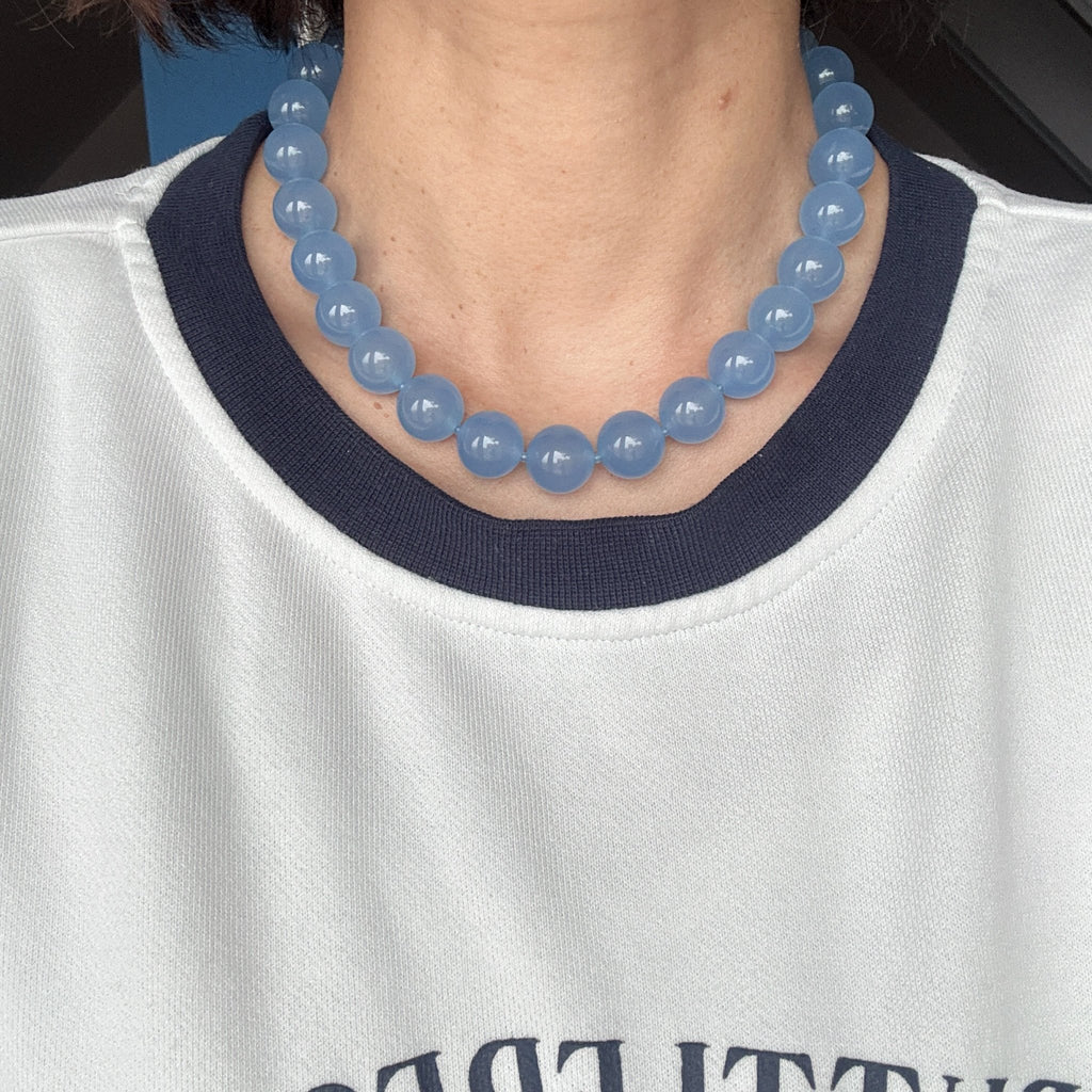 Model wearing Blue Chalcedony Bead Necklace
