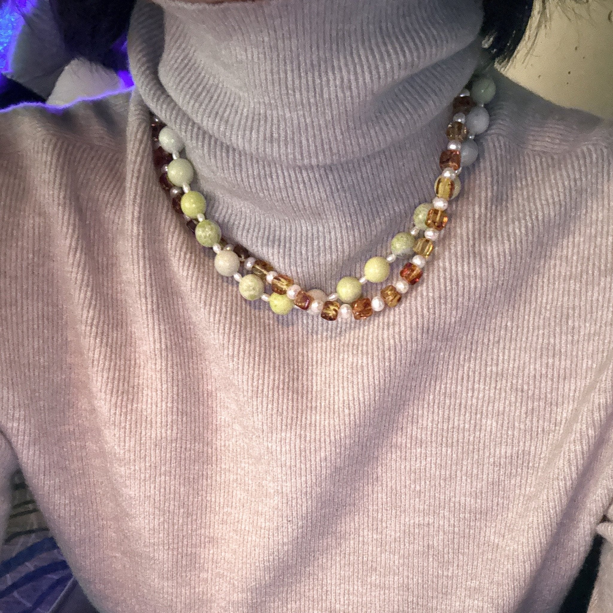 Model wearing Spring Meadow Natural Stone and Freshwater Pearl Necklace