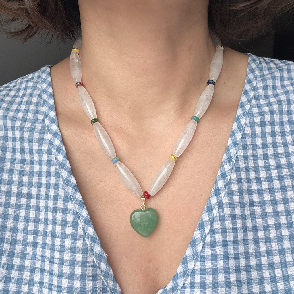 Spring Whisper – White Crystal with Green Stone Pendant Necklace