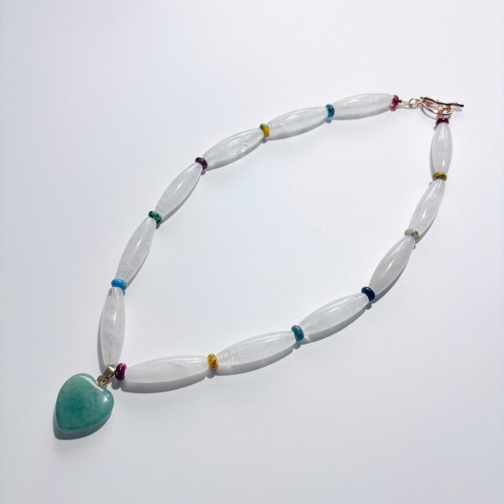Spring Whisper – White Crystal with Green Stone Pendant Necklace
