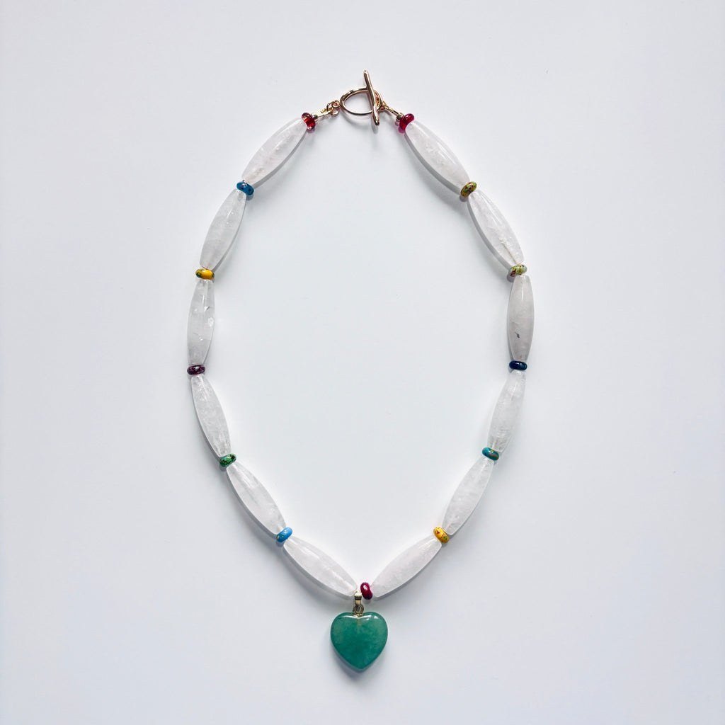 Spring Whisper – White Crystal with Green Stone Pendant Necklace