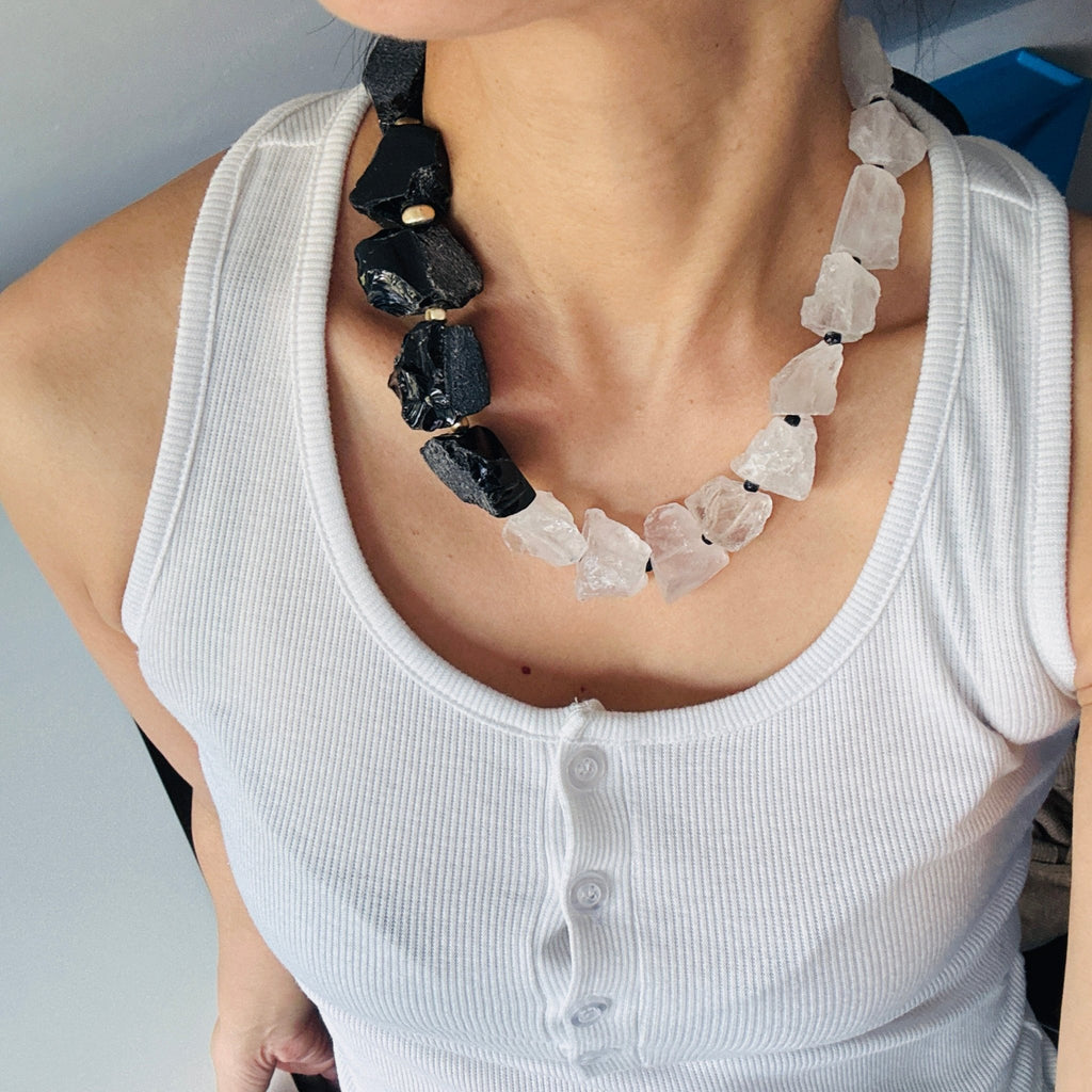 Model wearing Stone Contrast Black & White Raw Stone Necklace