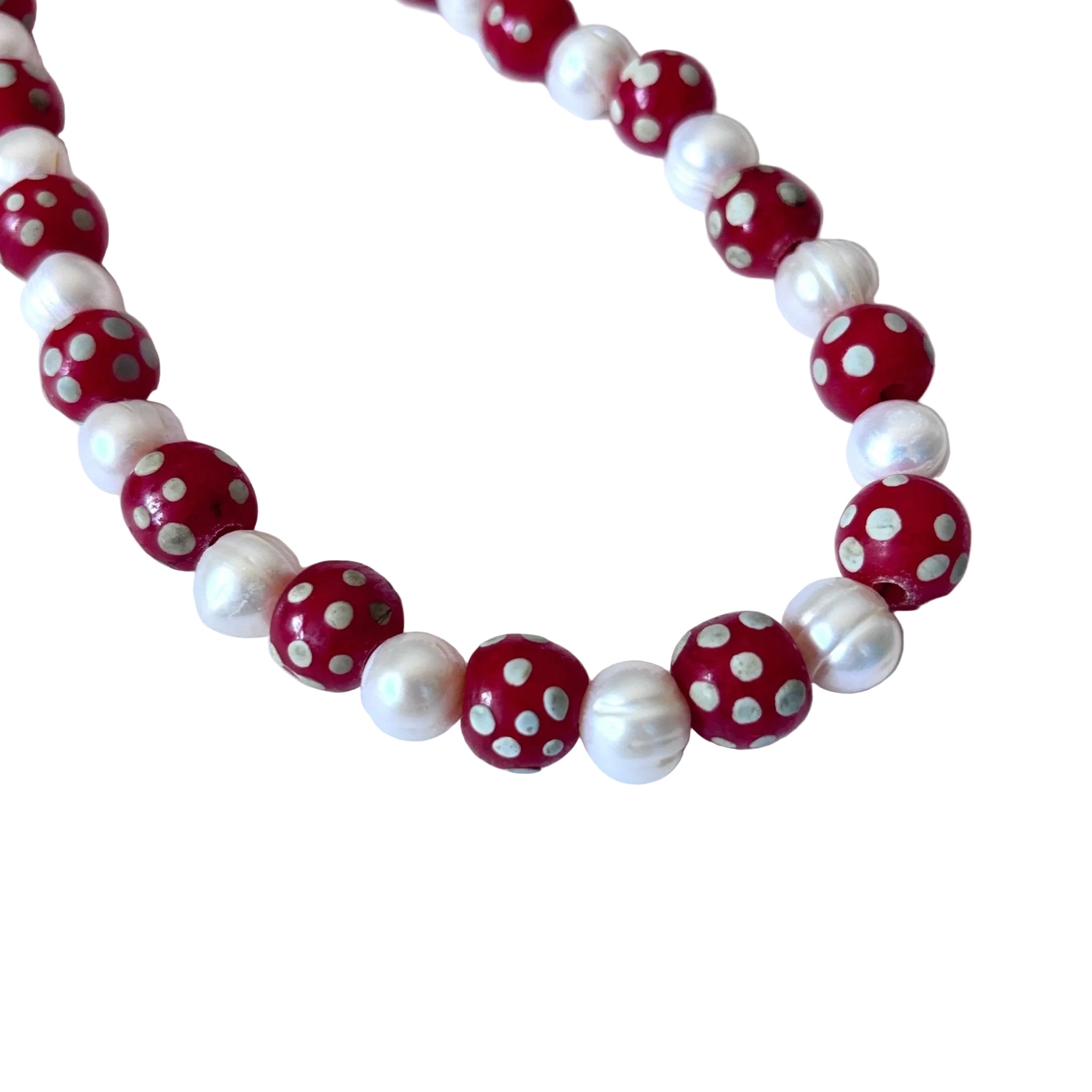 Detail of Strawberry Candy – Glass Bead and Pearl Necklace