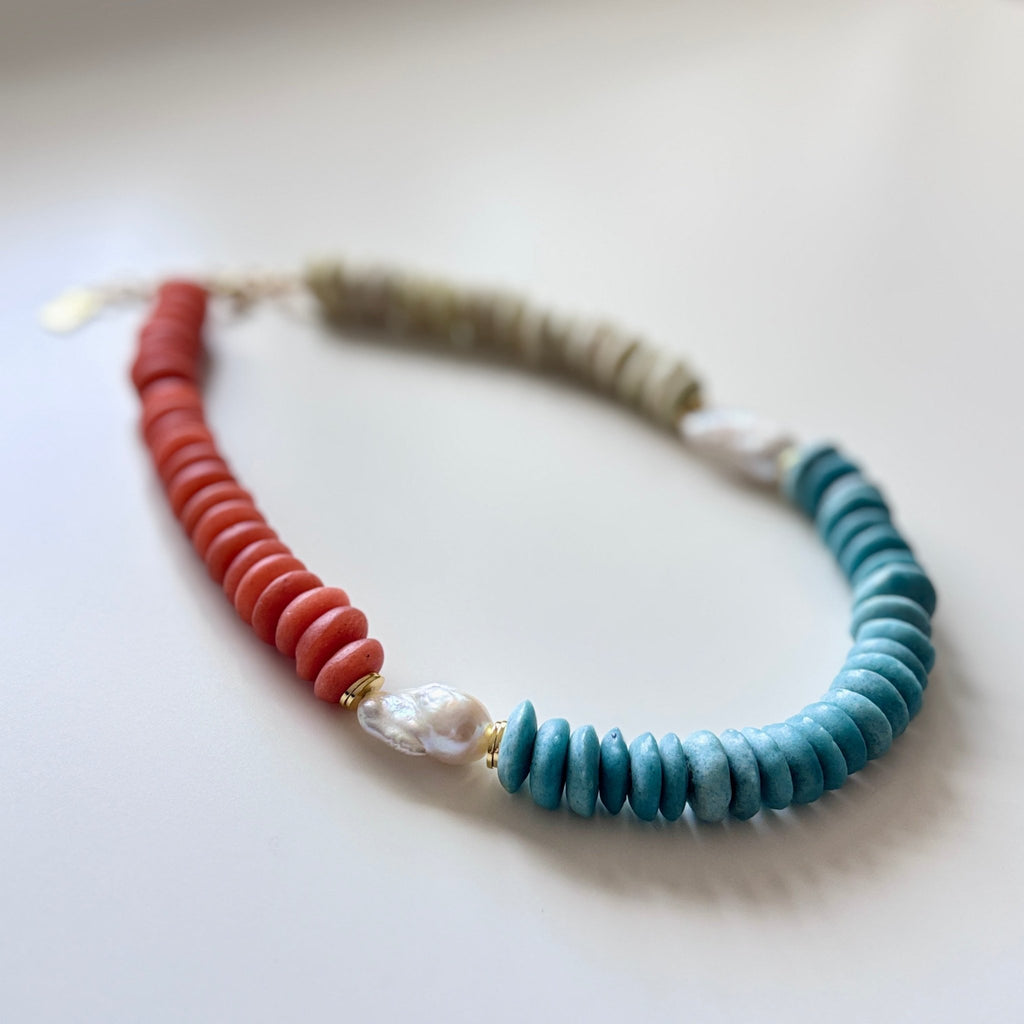 Sunset Carnival - Tricolor Glass Bead & Baroque Pearl Necklace