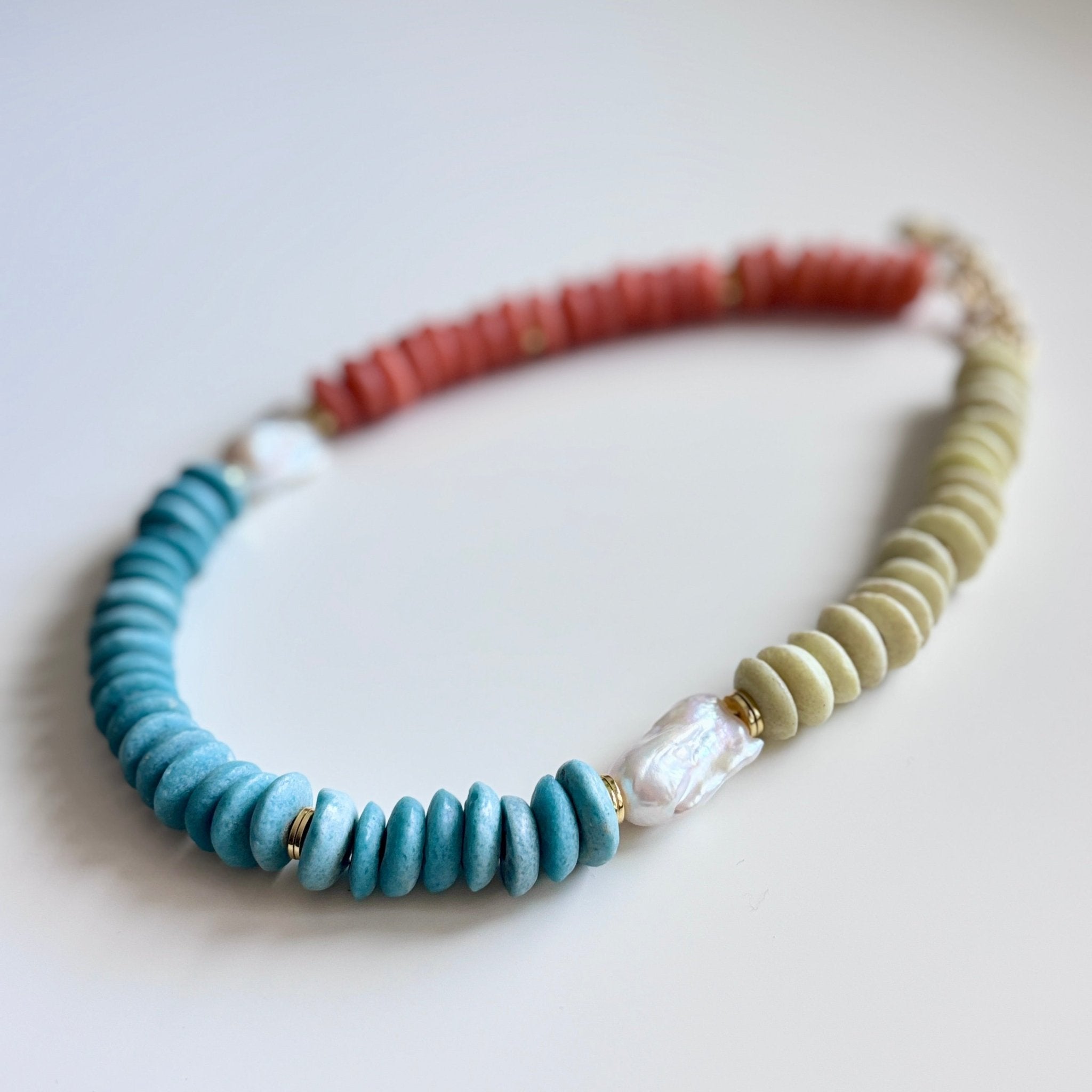 Detail of Sunset Carnival Glass Bead & Baroque Pearl Necklace