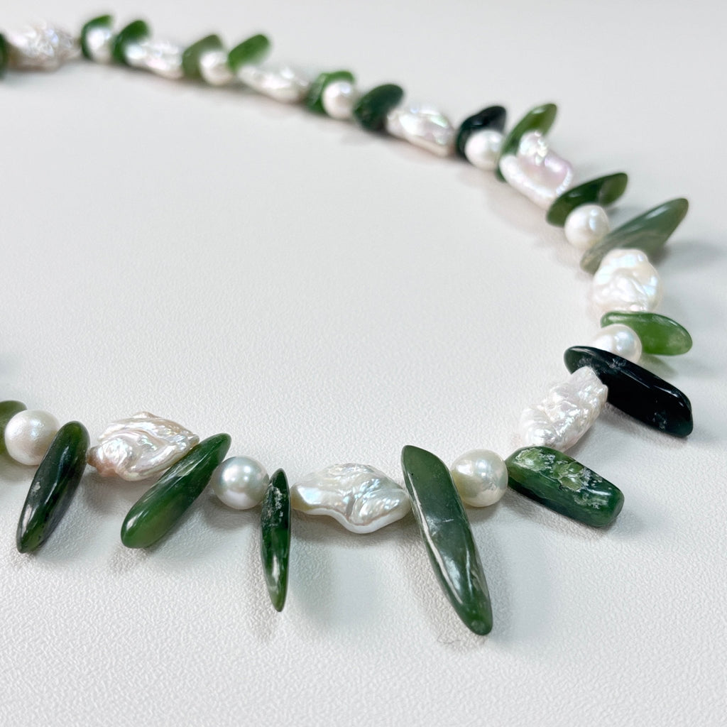 Detail of Tender Leaves Natural Stone & Freshwater Pearl Necklace