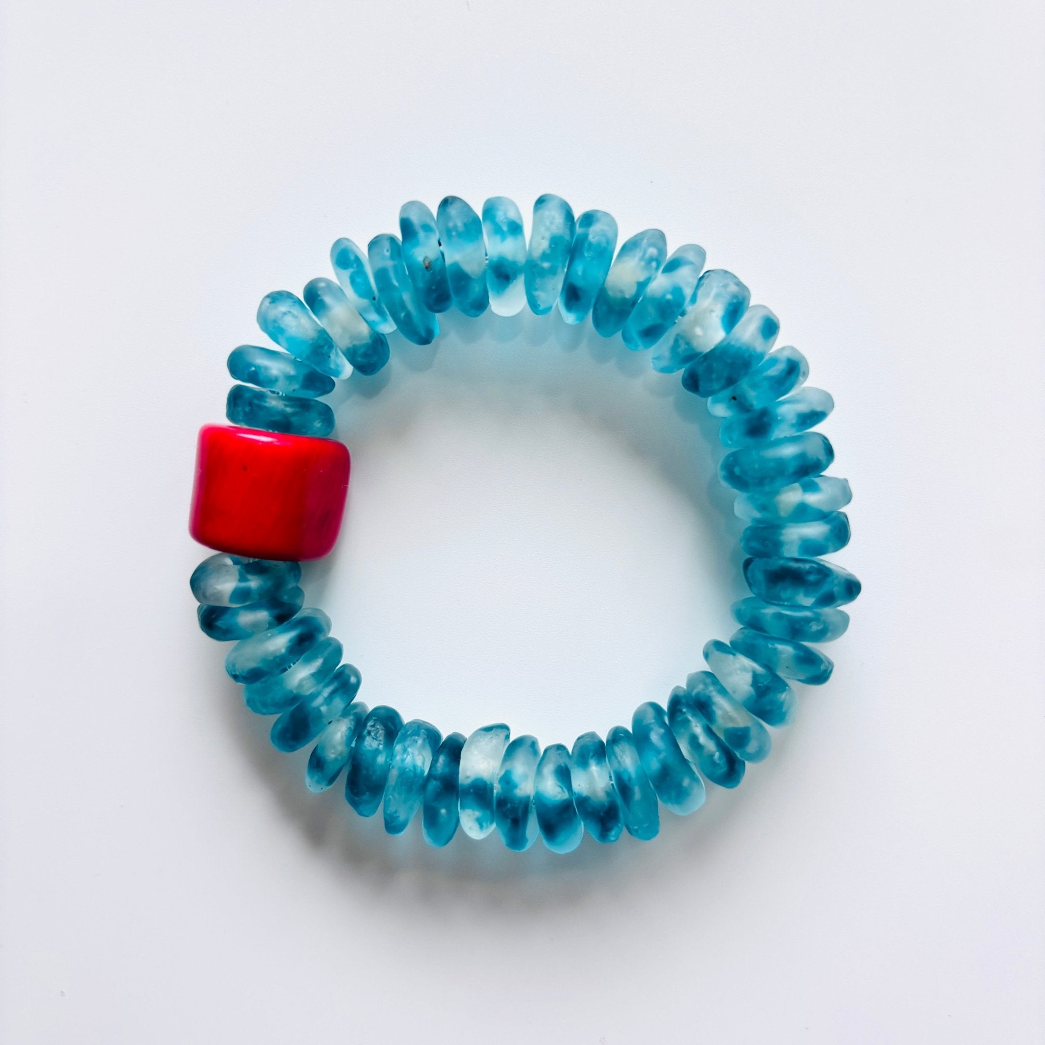 Tidebreak – Ocean Blue Glass & Red Coral Beaded Bracelet