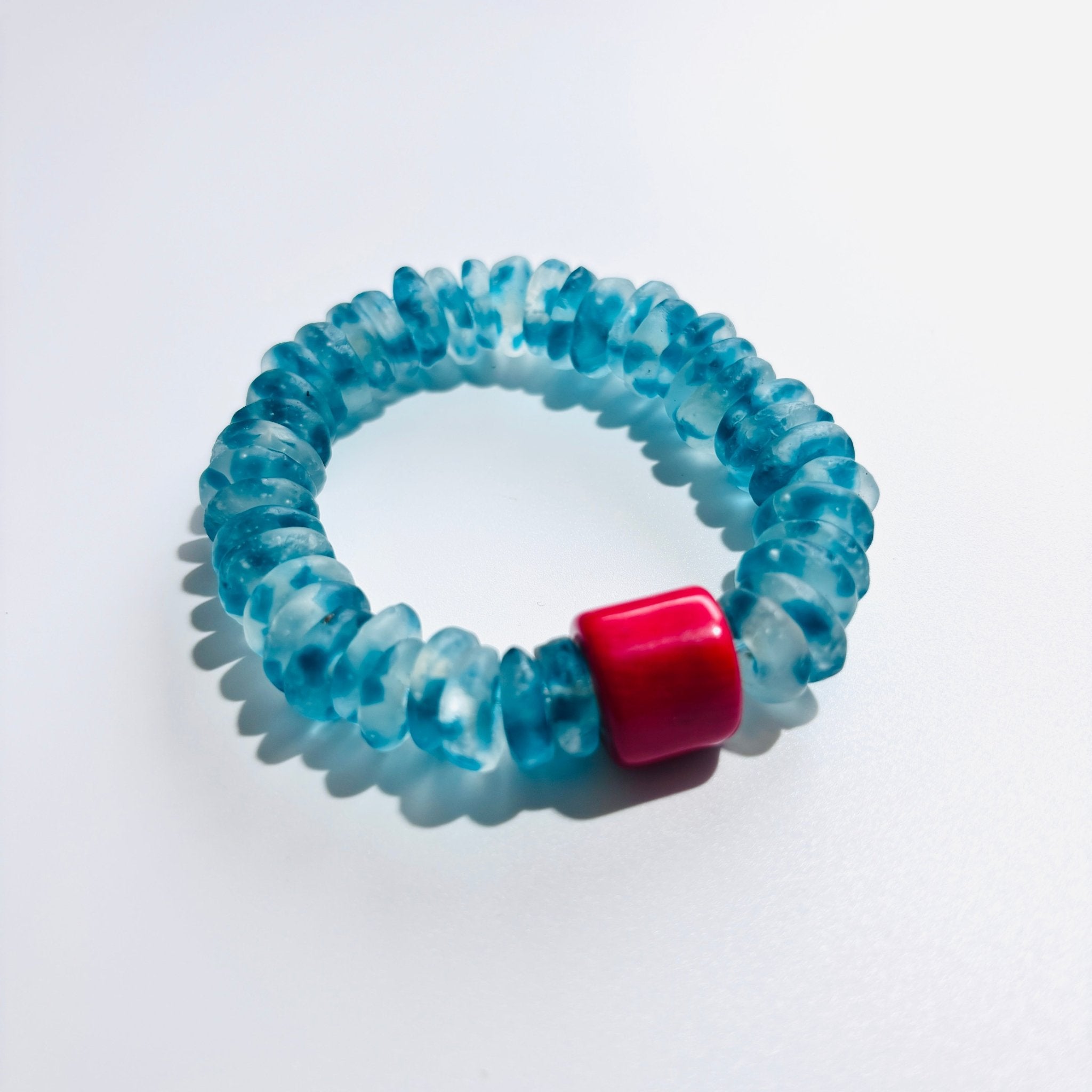 Detail of Tidebreak Ocean Blue Glass & Red Coral Beaded Bracelet