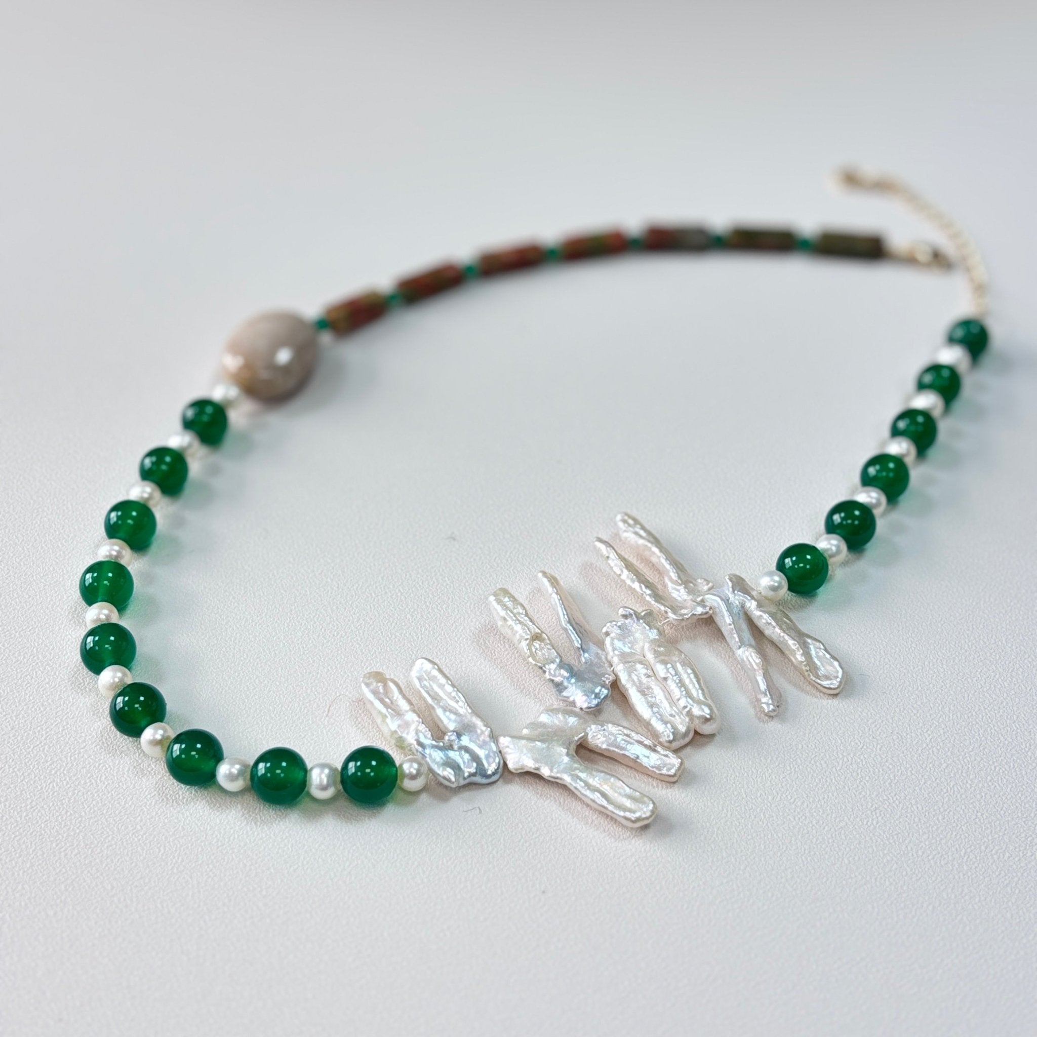 Detail of Muse Green Agate, Natural Stone & Pearl Necklace