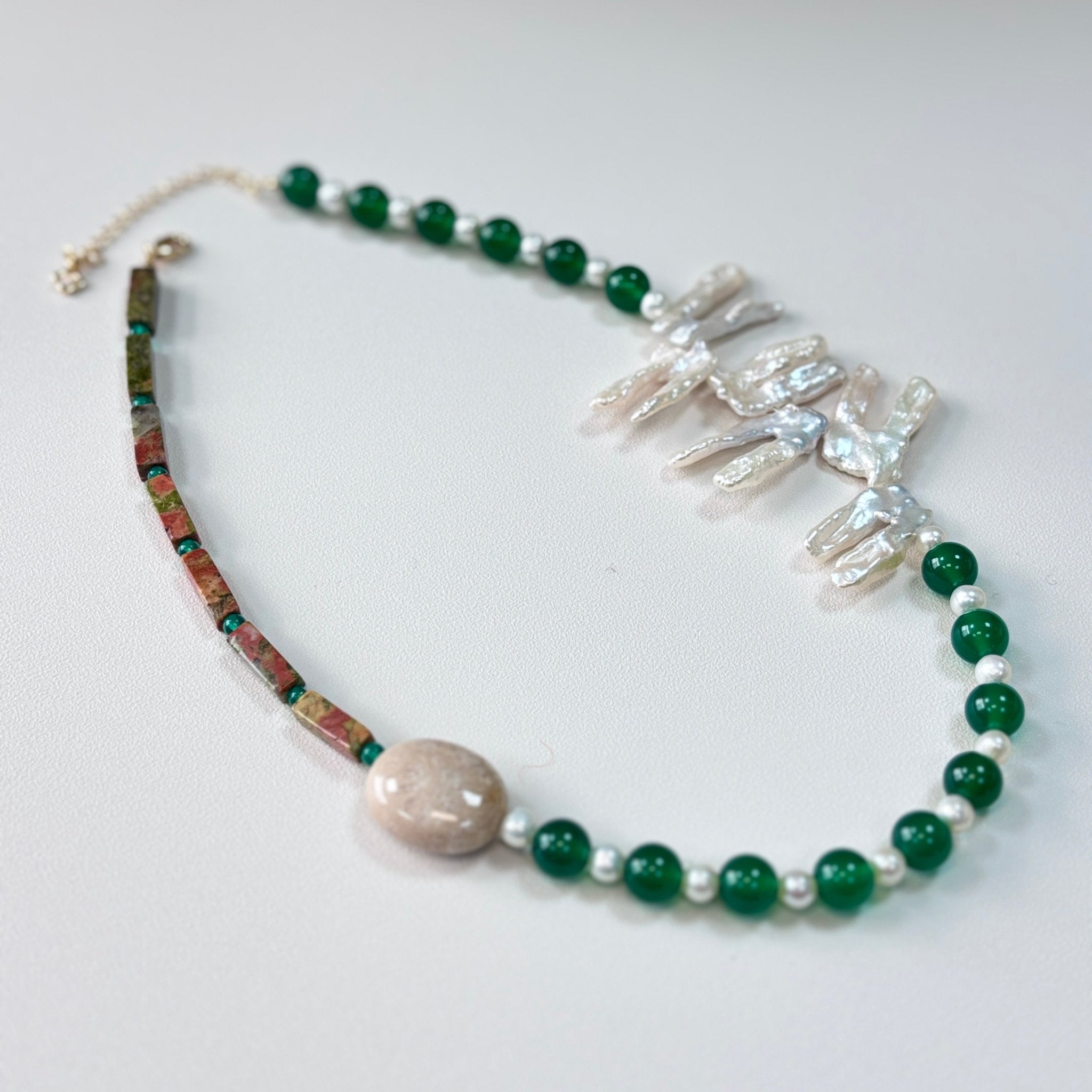Verdant Muse - Green Agate, Natural Stone & Freshwater Pearl Necklace