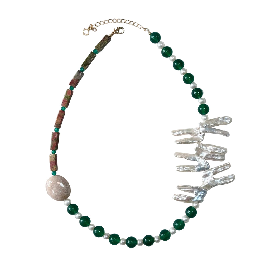 Verdant Muse Green Agate, Natural Stone & Pearl Necklace