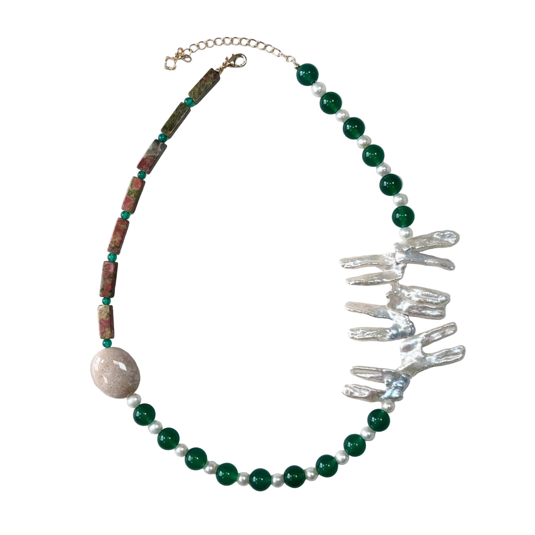 Verdant Muse Green Agate, Natural Stone & Pearl Necklace
