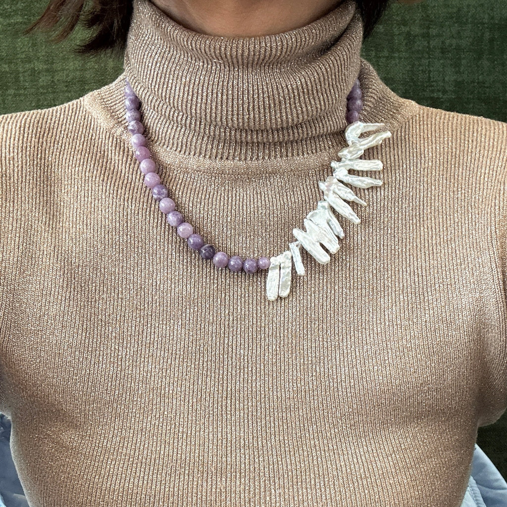 Model wearing Violet Aura Amethyst & Natural Pearl Necklace