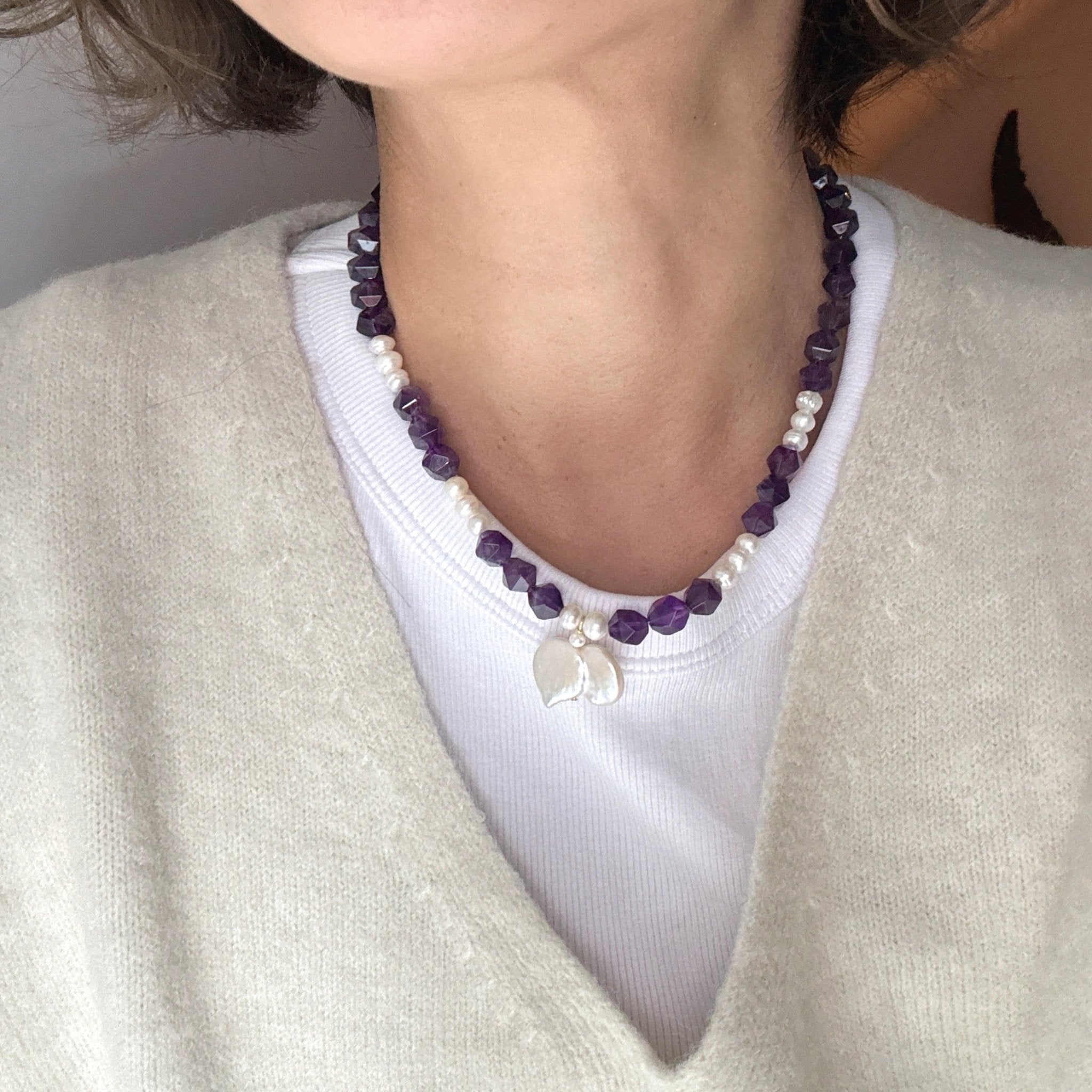 Model wearing Violet Glow Amethyst and Freshwater Pearl Necklace