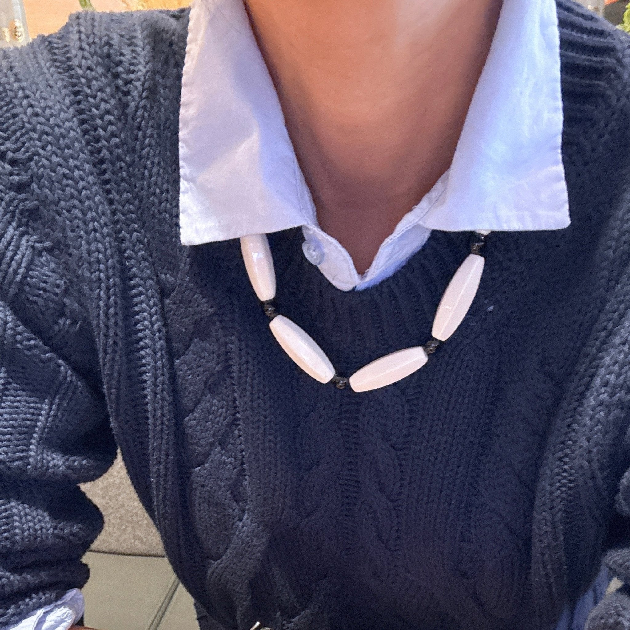 Model wearing White Moonlight White Agate Beaded Necklace